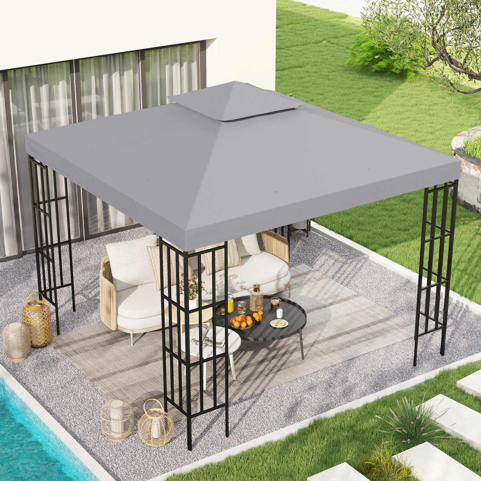 3(m) Gazebo Top Cover Double Tier Canopy Replacement Pavilion Roof Light Grey