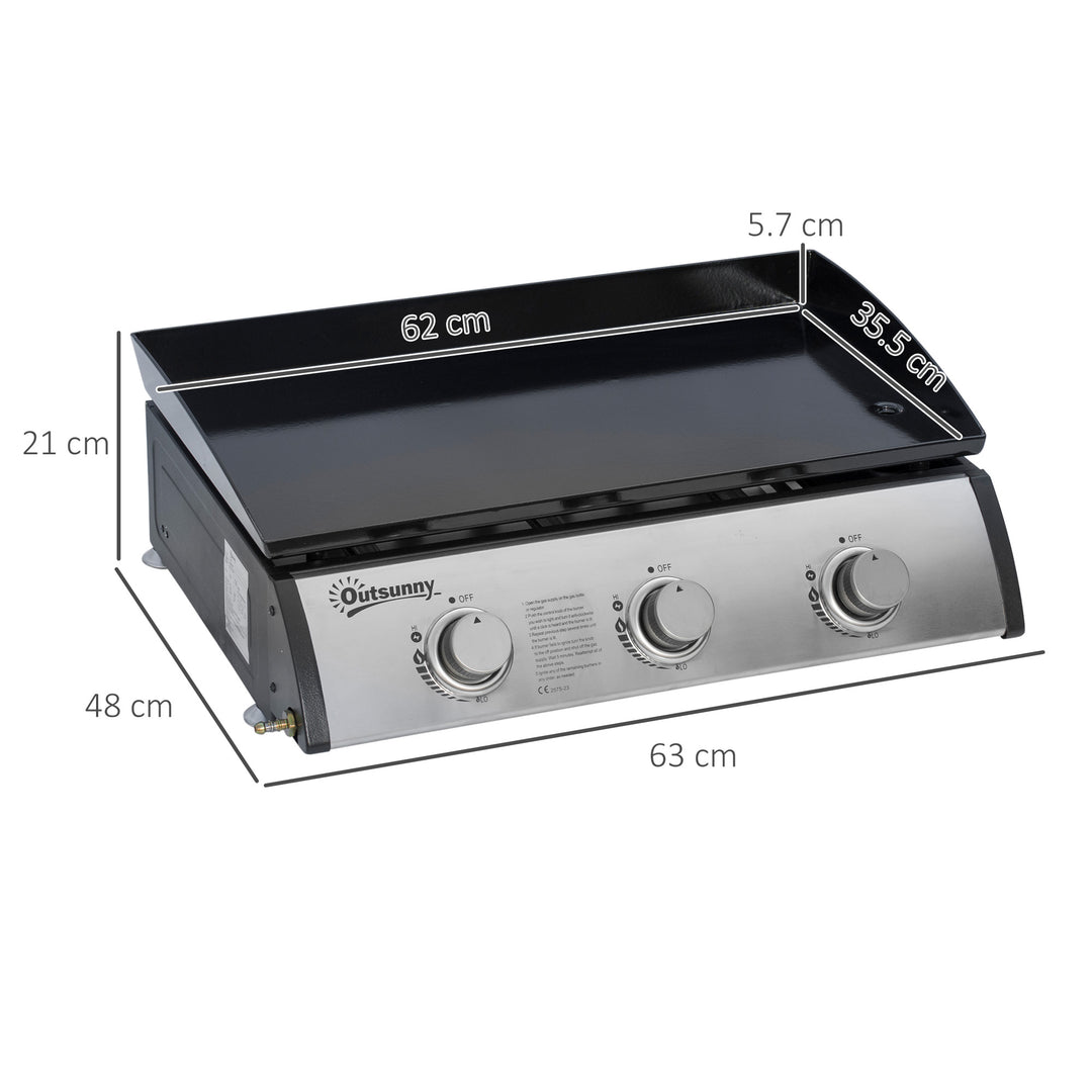 Gas Plancha Grill with 3 Stainless Steel Burner, 9kW, Portable Tabletop Gas BBQ with Non-Stick Griddle for Camping Picnic Garden Party Festival