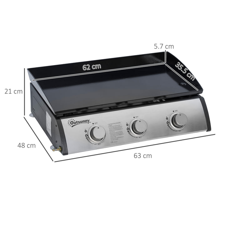 Gas Plancha Grill with 3 Stainless Steel Burner, 9kW, Portable Tabletop Gas BBQ with Non-Stick Griddle for Camping Picnic Garden Party Festival