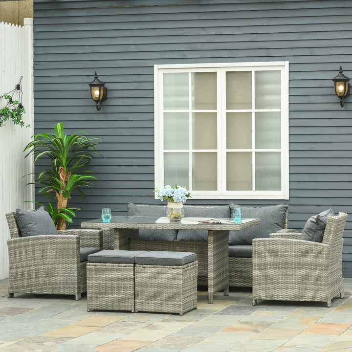 MCL 6 Pieces PE Rattan Garden Furniture Set with Three-seat, Armchairs and Footstools, Aluminium Patio Wicker Dining Sets w/ Glass Top Dining Table, Soft Cushion, Light Grey