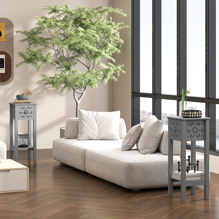 Set of Two Elegant Floral Cut-Out Side Tables - Grey