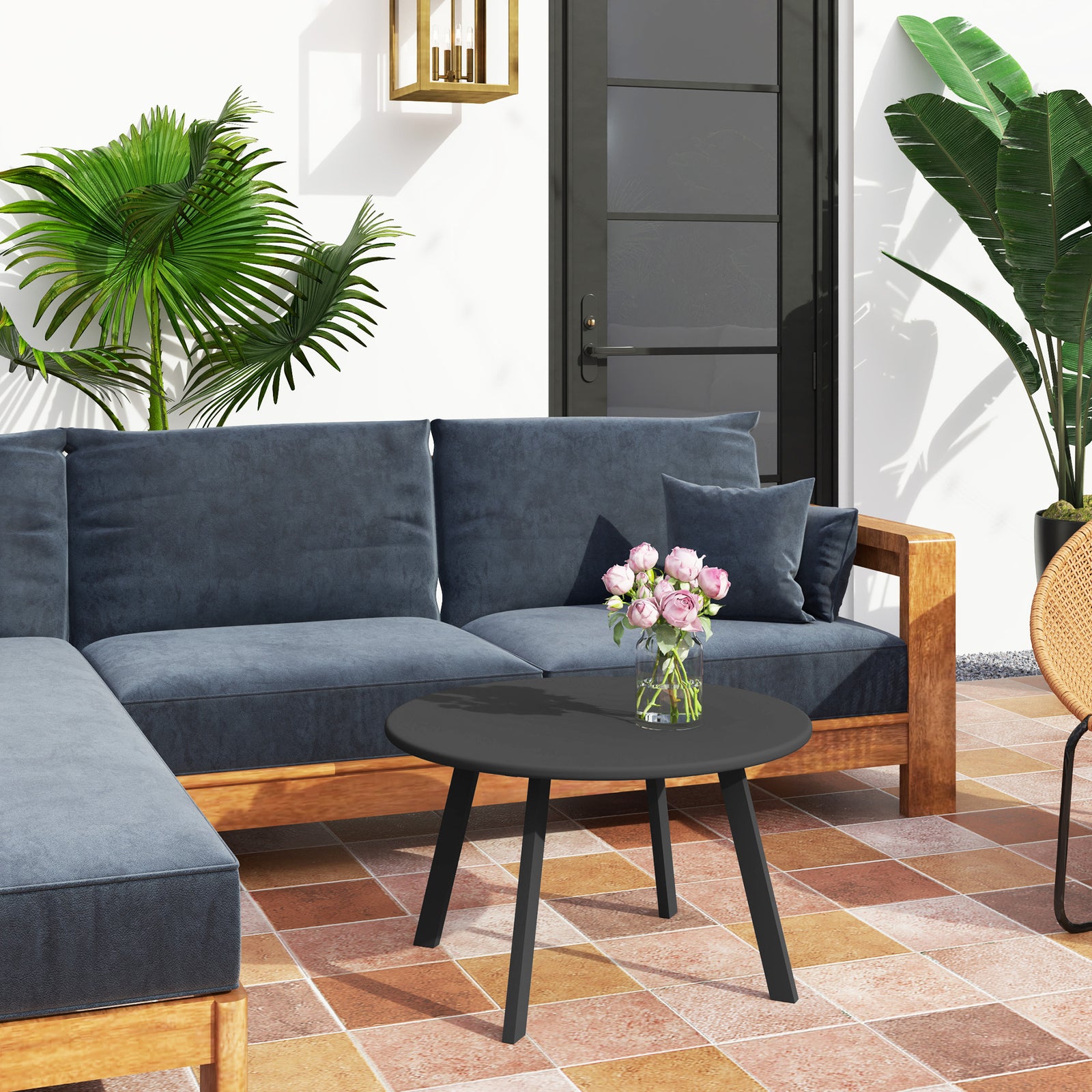 70cm Round Coffee Table, Outdoor Garden Table with Non-Slip Foot Pads and Metal Frame for Garden, Terrace, Balcony, Living Room, Black