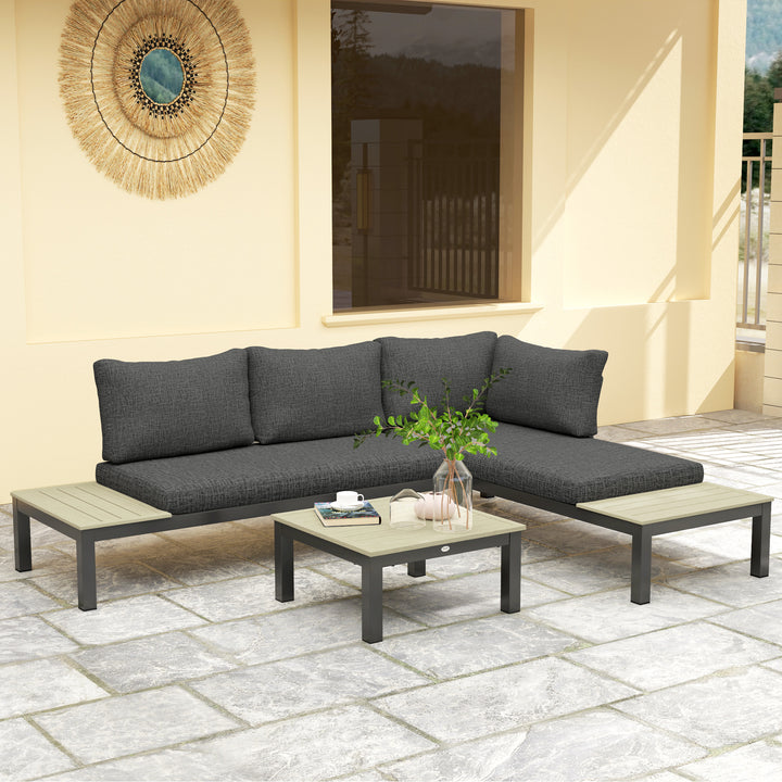 3 Pieces Garden Furniture Set, Aluminium 4 Seater Corner Sofa Set with 2 Loveseats, Coffee Table and Side Trays, Outdoor Conversation Furniture with Cushions for Garden, Dark Grey
