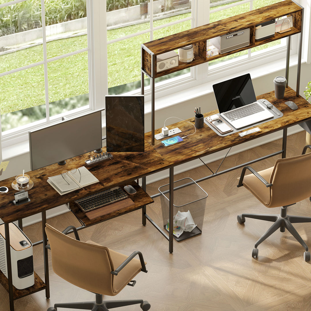 160cm Reversible L Shaped Desk with Power Outlet, Industrial Corner Desk with Storage Shelves and Keyboard Tray, 240cm Long Computer Desk for 2 Person, Rustic Brown