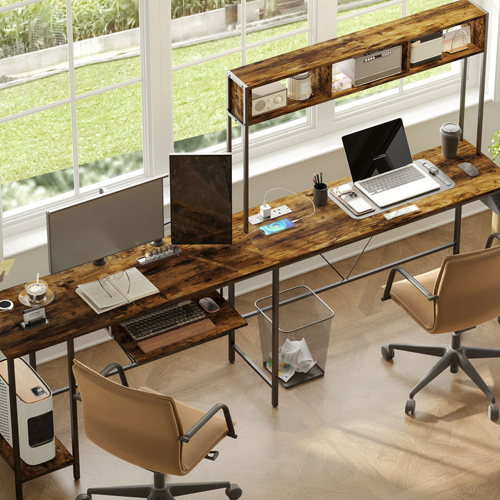 160cm Reversible L Shaped Desk with Power Outlet, Industrial Corner Desk with Storage Shelves and Keyboard Tray, 240cm Long Computer Desk for 2 Person, Rustic Brown