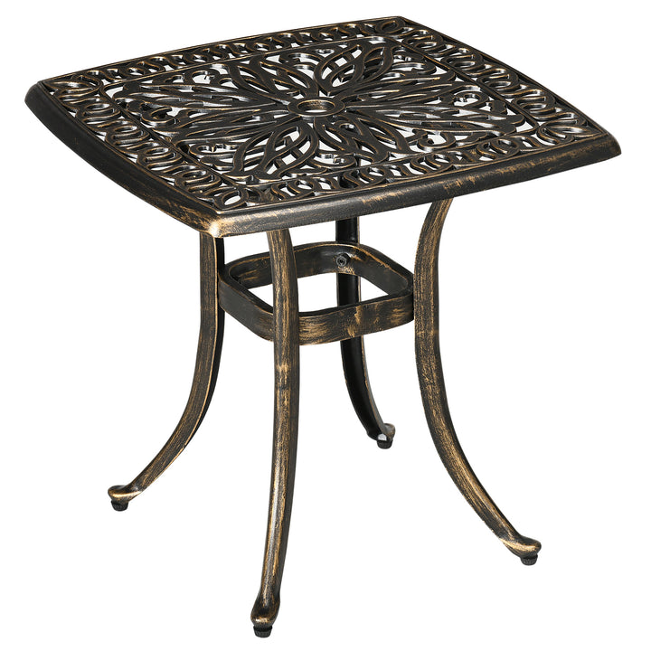 Outdoor Patio Side Table with 38mm Dia. Umbrella Hole, Cast Aluminium Patio coffee Table, 54 x 54cm, Bronze Tone