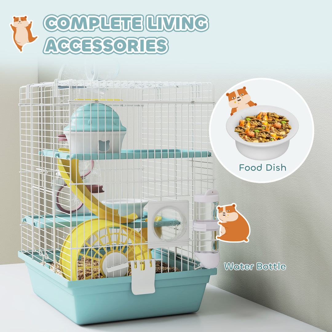 3-Level Hamster Cage with Exercise Wheel, Water Bottle, Food Bowl, for