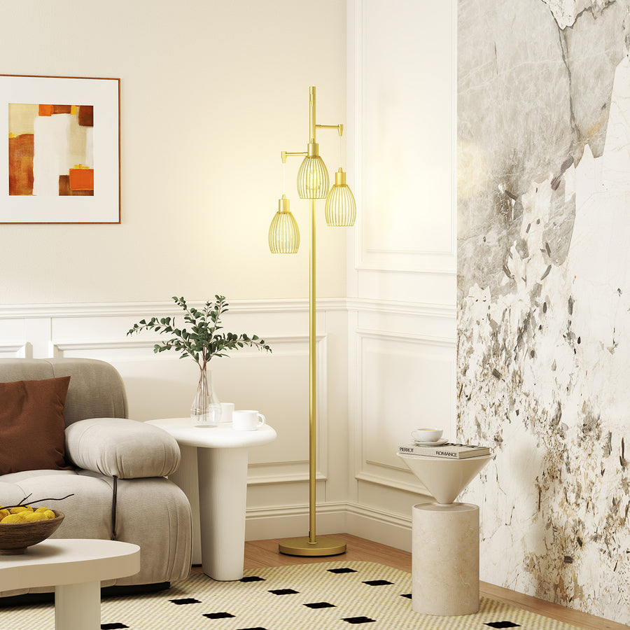 3-Light Floor Lamp, 170cm Industrial Dimmable Standing Lamp with Steel Wire Cage Lampshades for Living Room, Bedroom, Dining Room, Study, Gold Tone