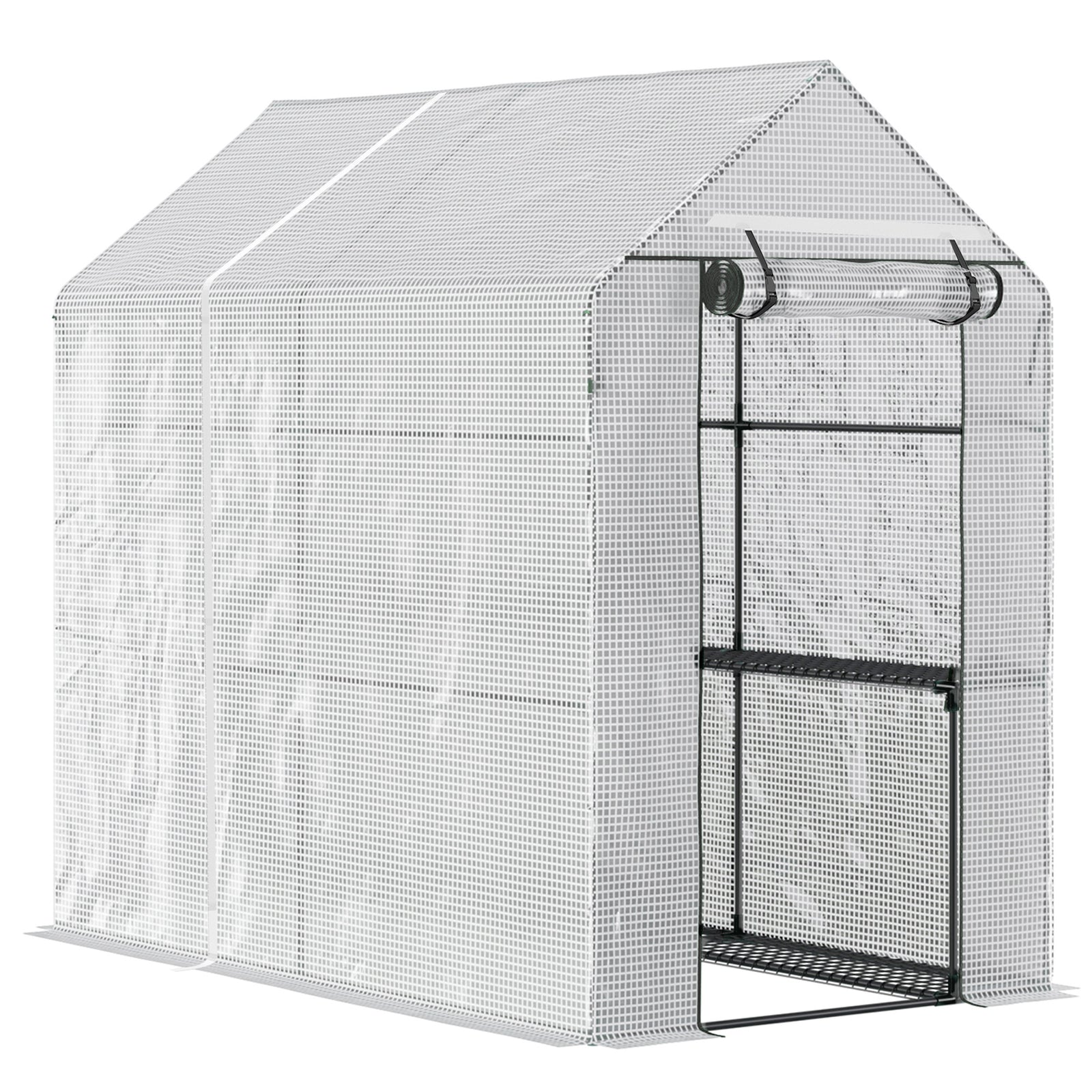 Walk In Greenhouse with 2-Tier Shelves, Roll up Zip Panel Door, Garden Polytunnel Steeple Grow House for Outdoor, 6 x 4 x 6ft White