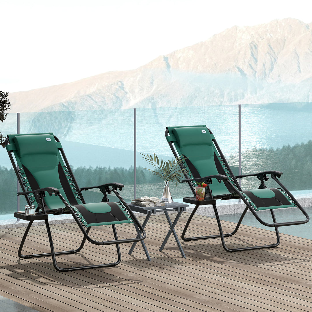 Zero Gravity Lounger Chair Set of 2, Folding Reclining Patio Chair with Padded Seat, Cup Holder, Soft Cushion and Headrest for Poolside, Camping, Green