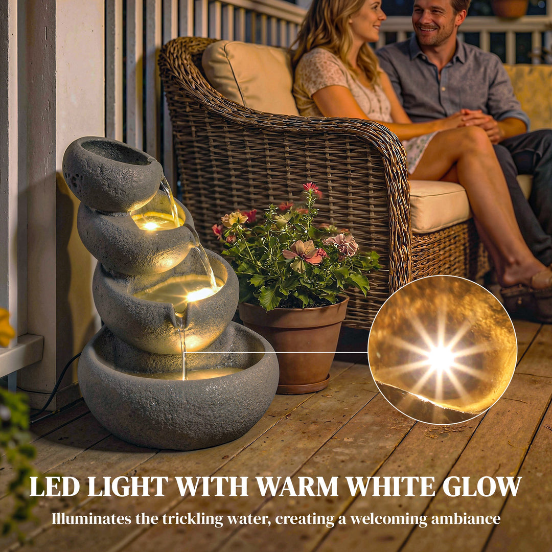 4-Tier Water Fountain Outdoor, Garden Water Feature with LED Lights an
