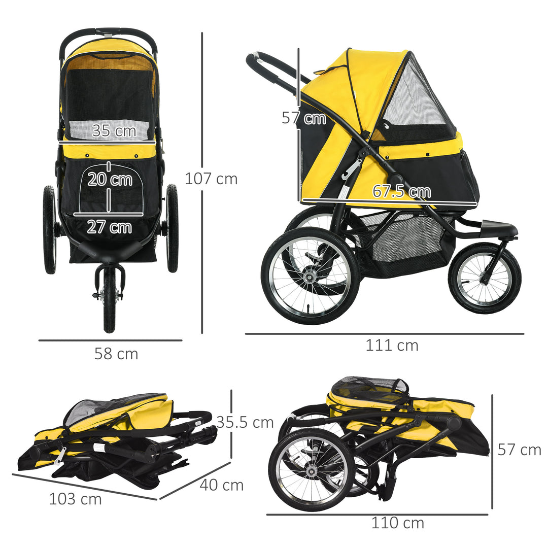 PawHut Pet Stroller Jogger for Medium, Small Dogs, Foldable Cat Pram Dog Pushchair w/ Adjustable Canopy, 3 Big Wheels