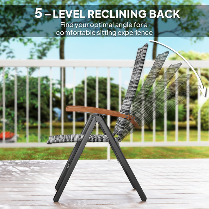 2 Pieces Folding Rattan Garden Dining Chairs with 5-level Reclining High Back, Wood Armrests for Outdoor - Light Grey