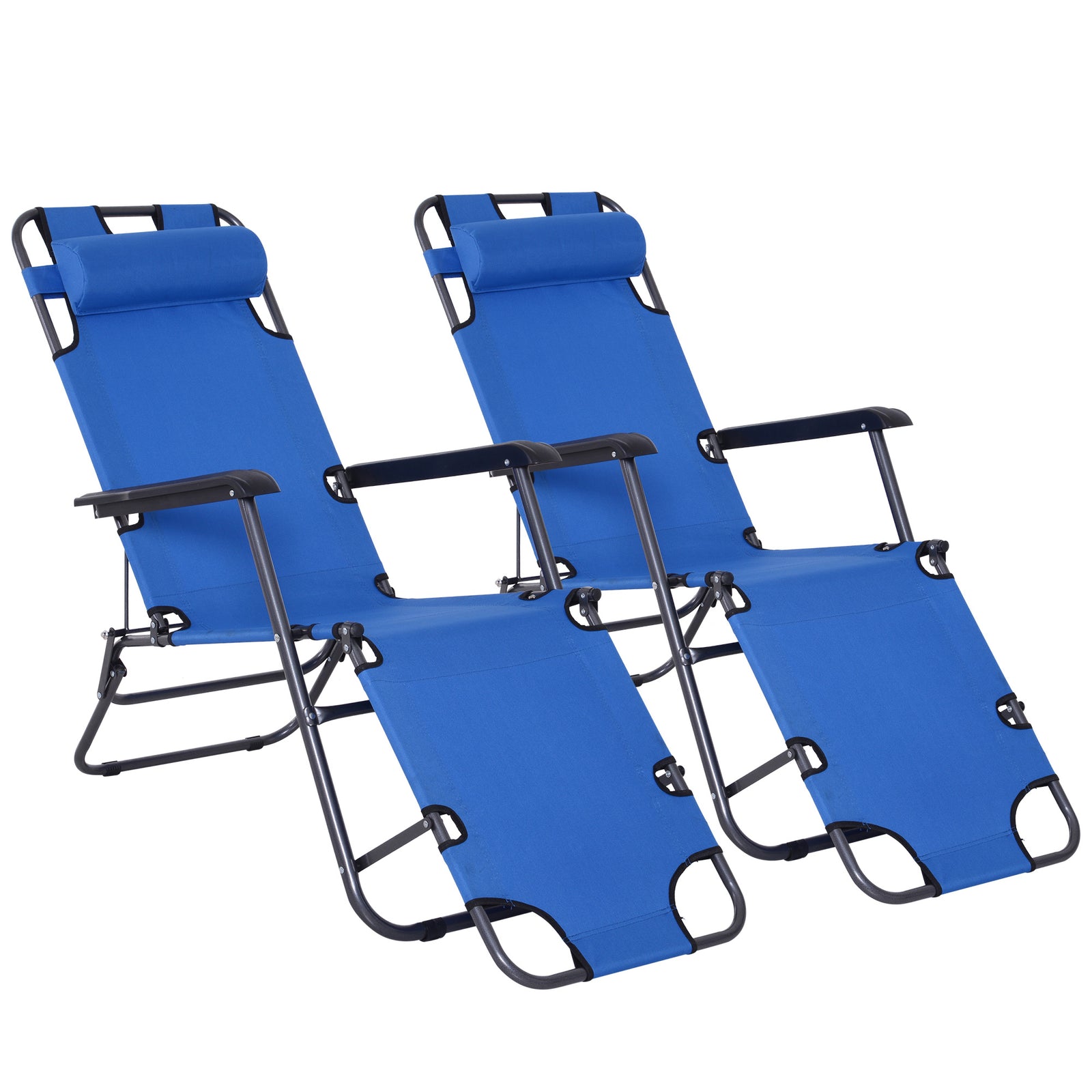 2 in 1 Folding Sun Lounger Reclining Garden Chair Set of 2 with 2-Level Adjustable Backrest, Outdoor Zero Gravity Recliner Garden Chairs with Head Pillow and Armrests, Blue