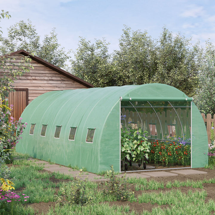 Outsunny 6 x 3 x 2 m Large Walk-In Greenhouse Garden Polytunnel Greenhouse with Steel Frame, Zippered Door and Roll Up Windows, Green | Aosom UK