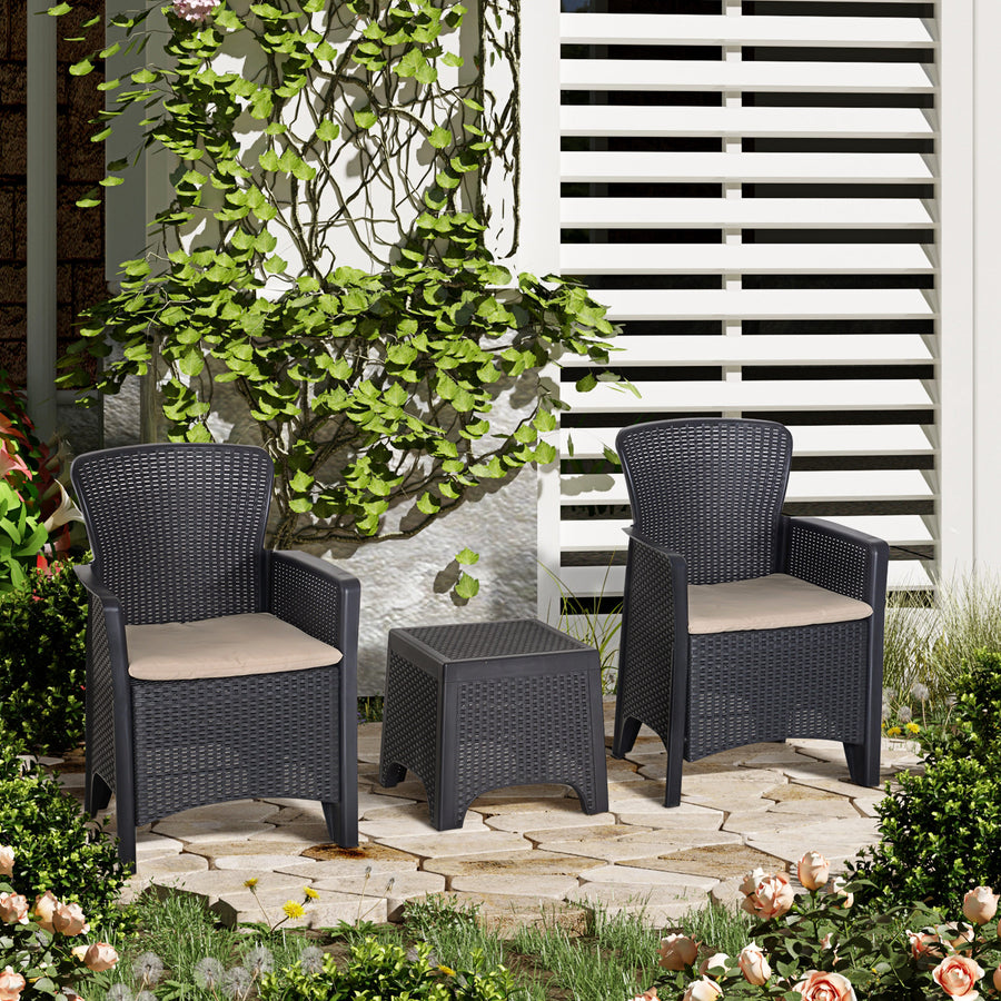 3 PCS Rattan Effect Garden Bistro Set 2 Chairs & Coffee Table Set with Cushion Patio Lawn Balcony Furniture - Dark Brown