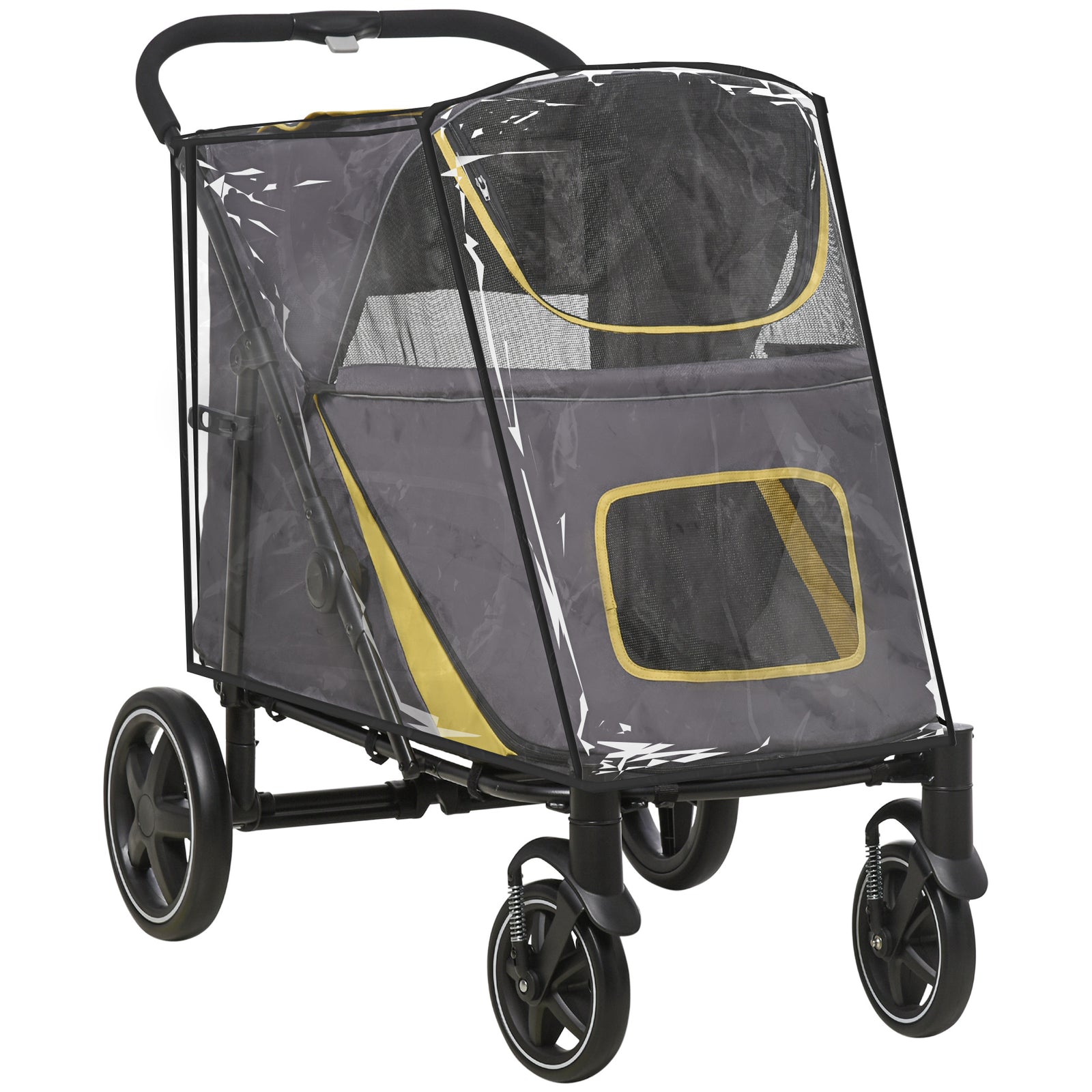One-Click Foldable Pet Travel Stroller with Rain Cover, Cat Dog Pushchair with Universal Front Wheels, Shock Absorber, Storage Bags, Mesh Window, Safety Leash for Large and Medium Dogs (Grey)