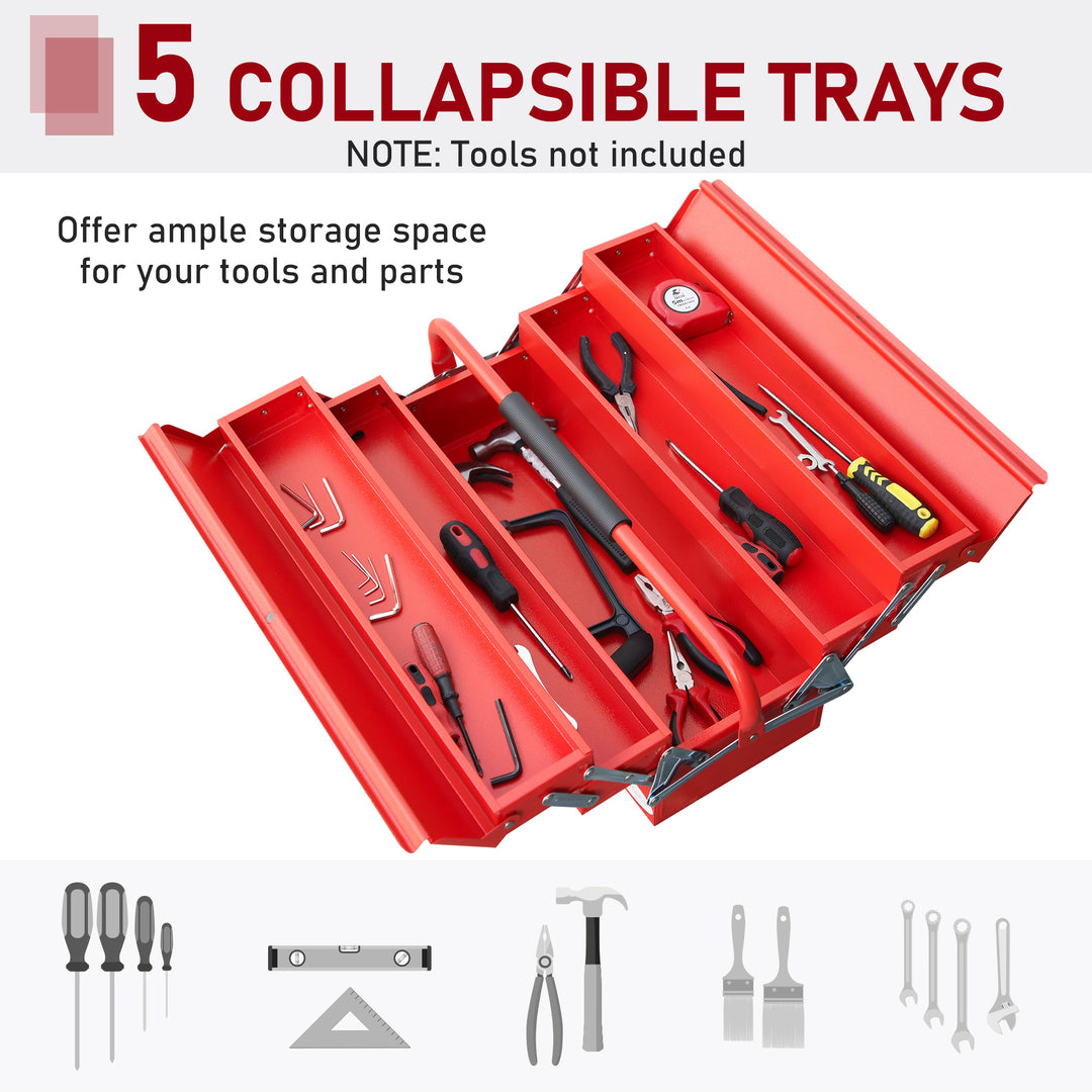 MCL Metal Tool Box 3 Tier 5 Tray Professional Portable Storage Cabinet Workshop Cantilever Toolbox with Carry Handle, 56cmx20cmx34cm, Red