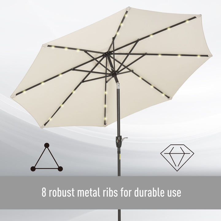 Φ2.7m Garden 24 LED Light Parasol Solar Outdoor Tilt Sun Umbrella Patio Club Party Event Manual Sun Shade w/ Hand Crank and 8 Ribs, Off-white