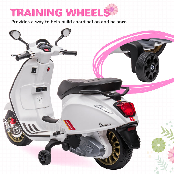 AIYAPLAY 12V Vespa Licensed Kids Electric Motorbike w/ Music, Headlights, FM Radio, for 3-6 Years - White