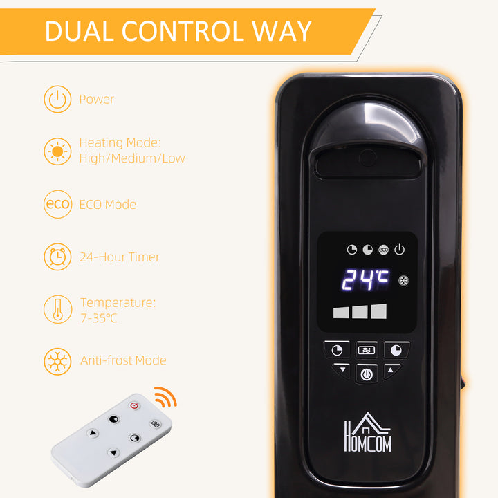 2500W Digital Display Oil Filled Radiator, 11 Fin Portable Electric Heater with Timer, Adjustable Thermostat, Three Heat settings, Safety Cut Off, Remote, Black