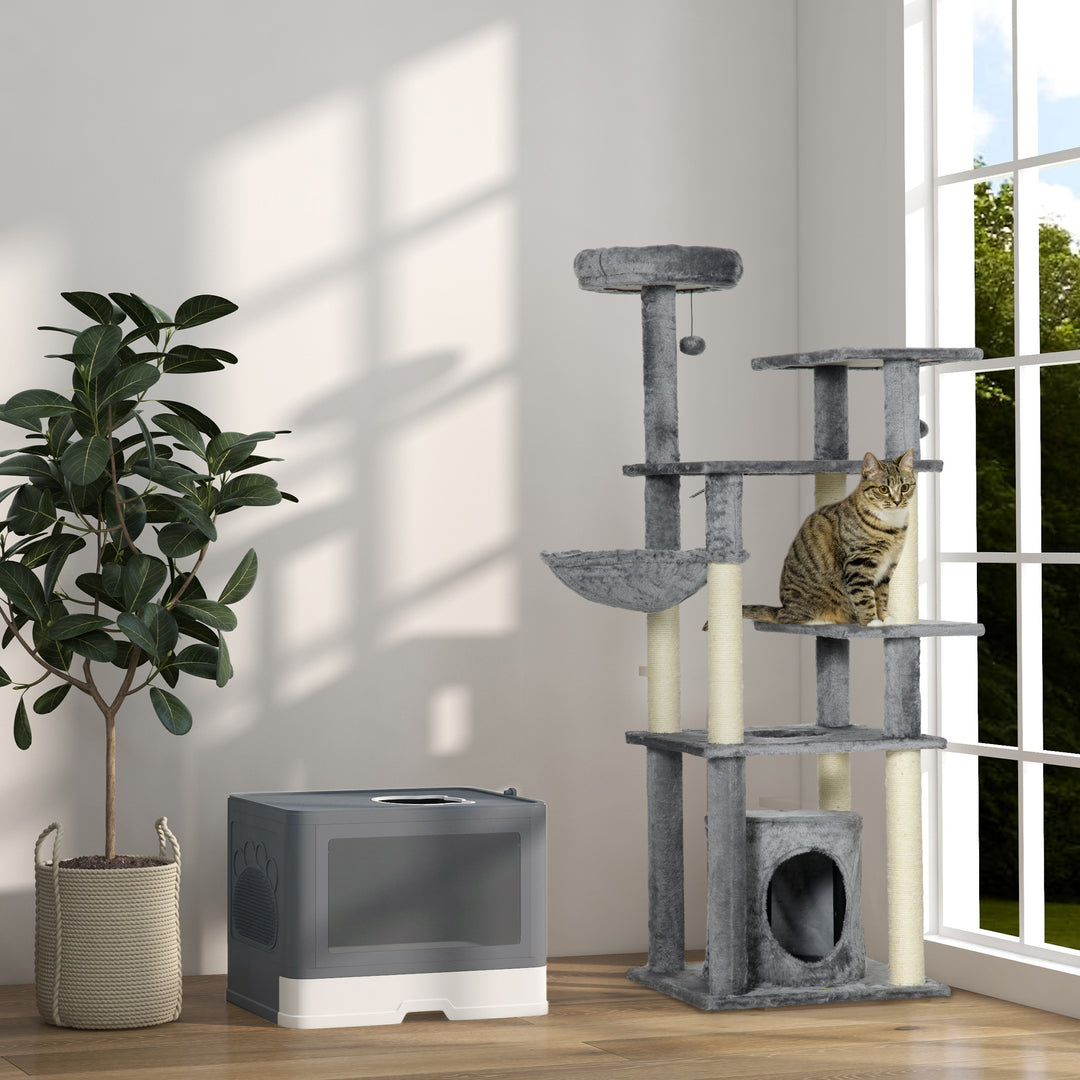 PawHut Enclosed Cat Litter Box: Front/Top Entry, Drawer Tray & Accessories, Grey | Aosom UK