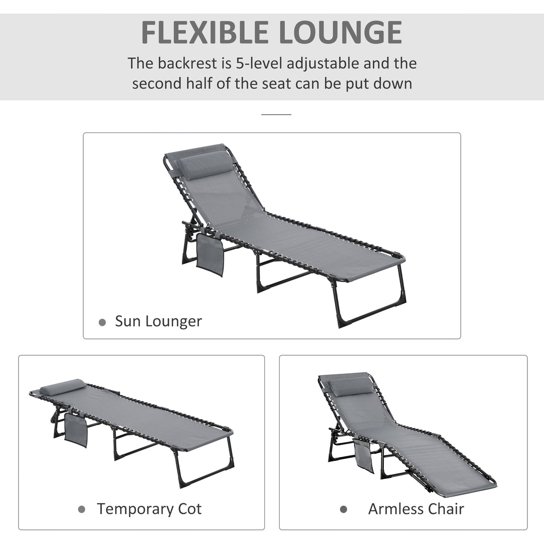 Portable Sun Lounger, Folding Camping Bed Cot, Reclining Lounge Chair 5-position Adjustable Backrest with Side Pocket, Pillow for Patio Garden Beach Pool, Grey