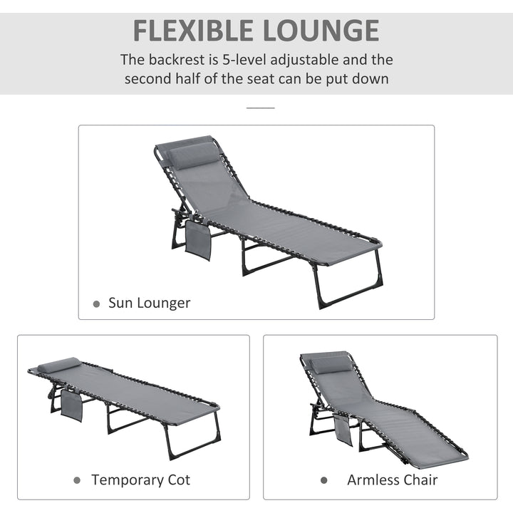 Portable Sun Lounger, Folding Camping Bed Cot, Reclining Lounge Chair 5-position Adjustable Backrest with Side Pocket, Pillow for Patio Garden Beach Pool, Grey