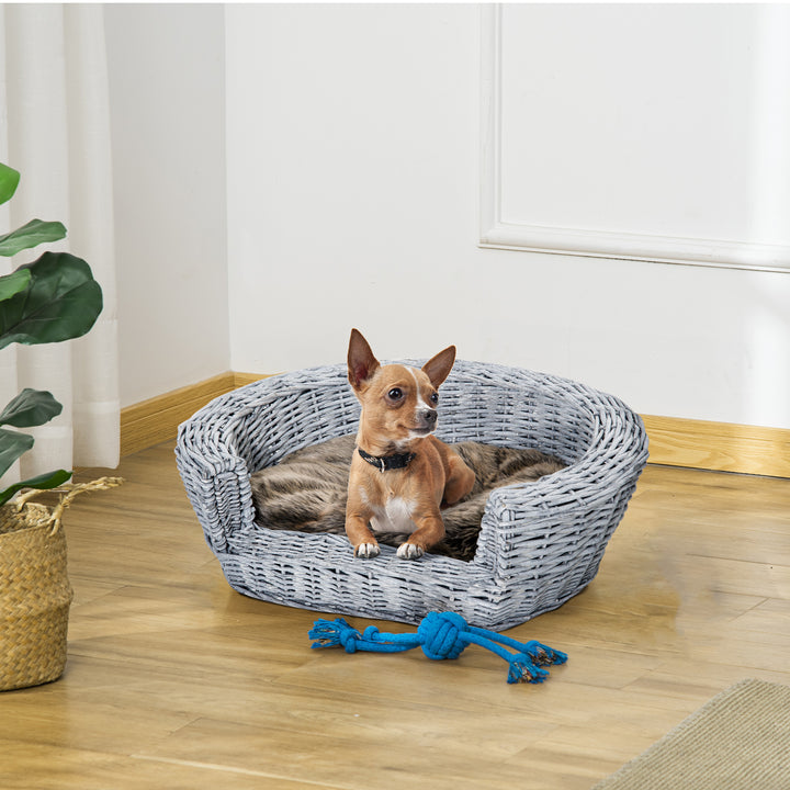 PawHut Willow Pet Sofa: Rattan Basket with Soft Cushion for Cats & Small Dogs, Durable Design, 57Lx46Wx17.5H cm, Grey | Aosom UK