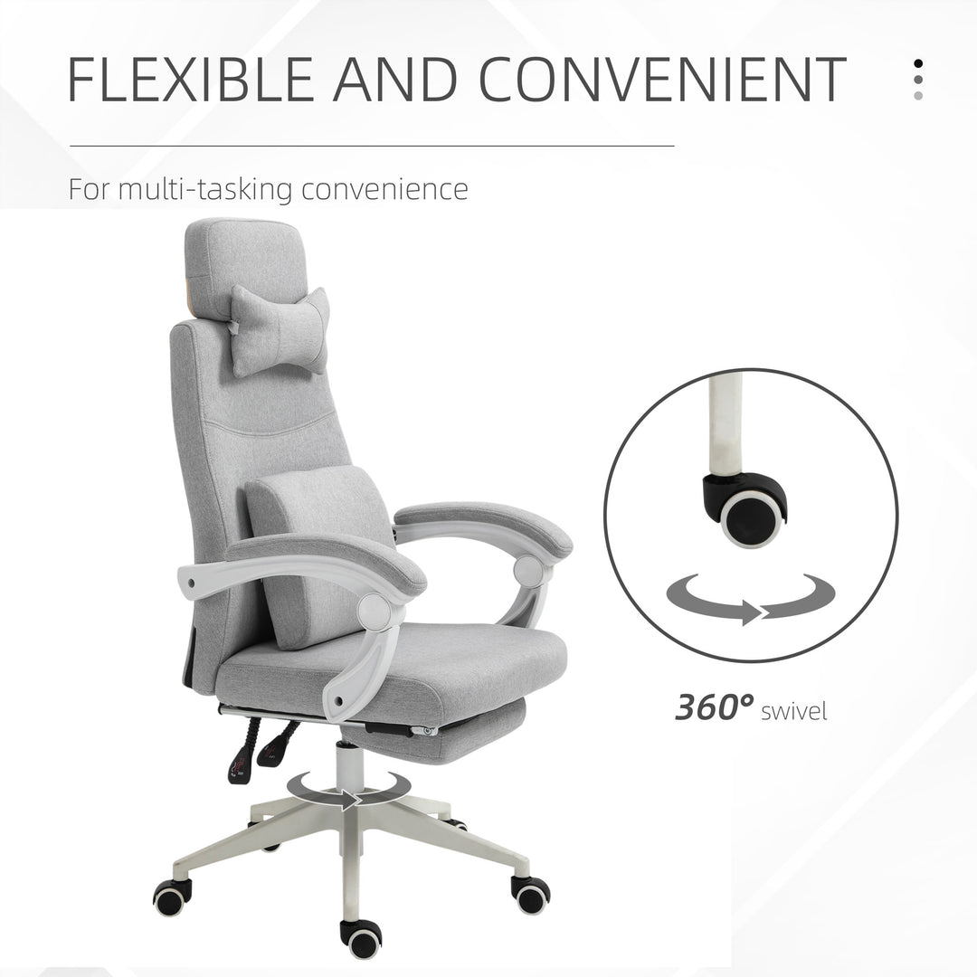 Office Chair, Ergonomic Desk Chair, High Back Fabric Work Chair with 160° Reclining Backrest, Retractable Footrest, Neck and Lumbar Pillow for Home and Study, Grey