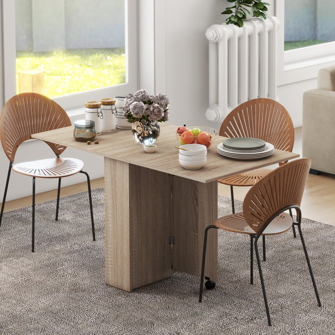 Folding Dining Table, Drop Leaf Table for Small Spaces with 2-tier Shelves, Small Kitchen Table with Rolling Casters, Natural