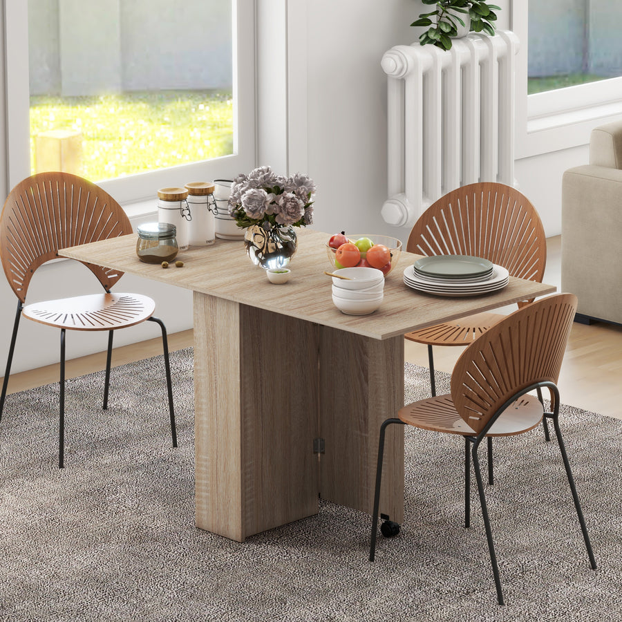 Folding Dining Table, Drop Leaf Table for Small Spaces with 2-tier Shelves, Small Kitchen Table with Rolling Casters, Natural