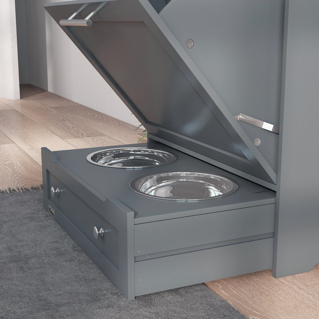 Pet Feeder Station, Dog, Cat Storage Container, with Raised Bowls, Hanger, Cabinet - Grey