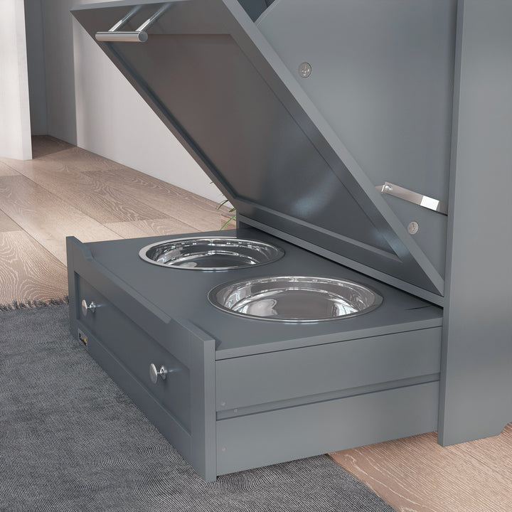Pet Feeder Station, Dog, Cat Storage Container, with Raised Bowls, Hanger, Cabinet - Grey