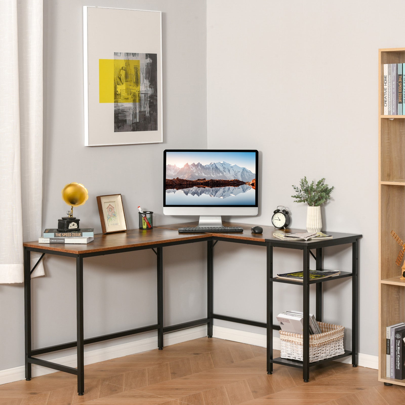 L-Shaped Computer Desk Industrial Corner Writing Desk with Adjustable Storage Shelf Space-Saving Home Office Workstation 150 x 120 x 75 cm Rustic Brown