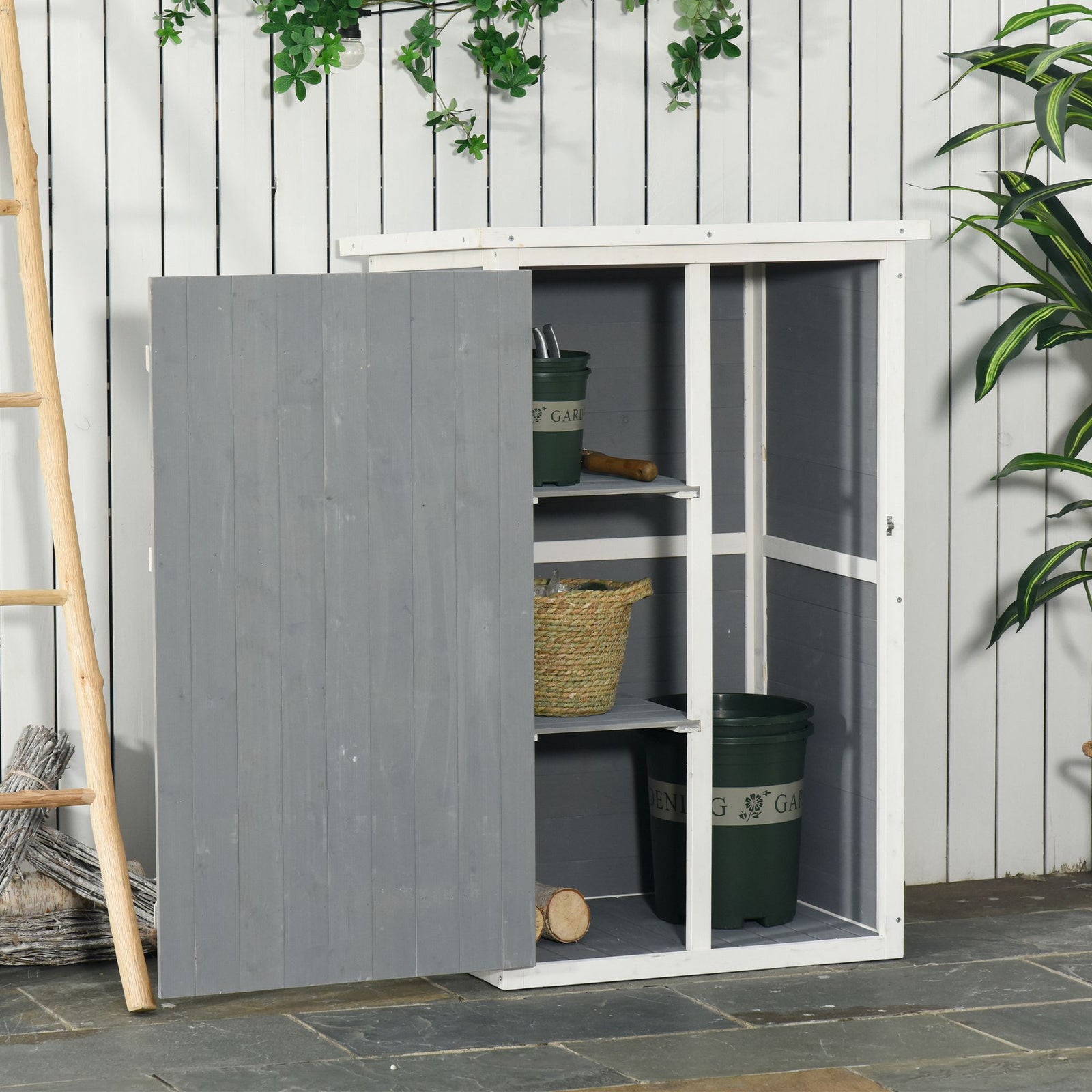 Wooden Small Shed, Garden Storage Shed with Shelves and Bolt Latch, 75L x 56W x115H cm, Grey