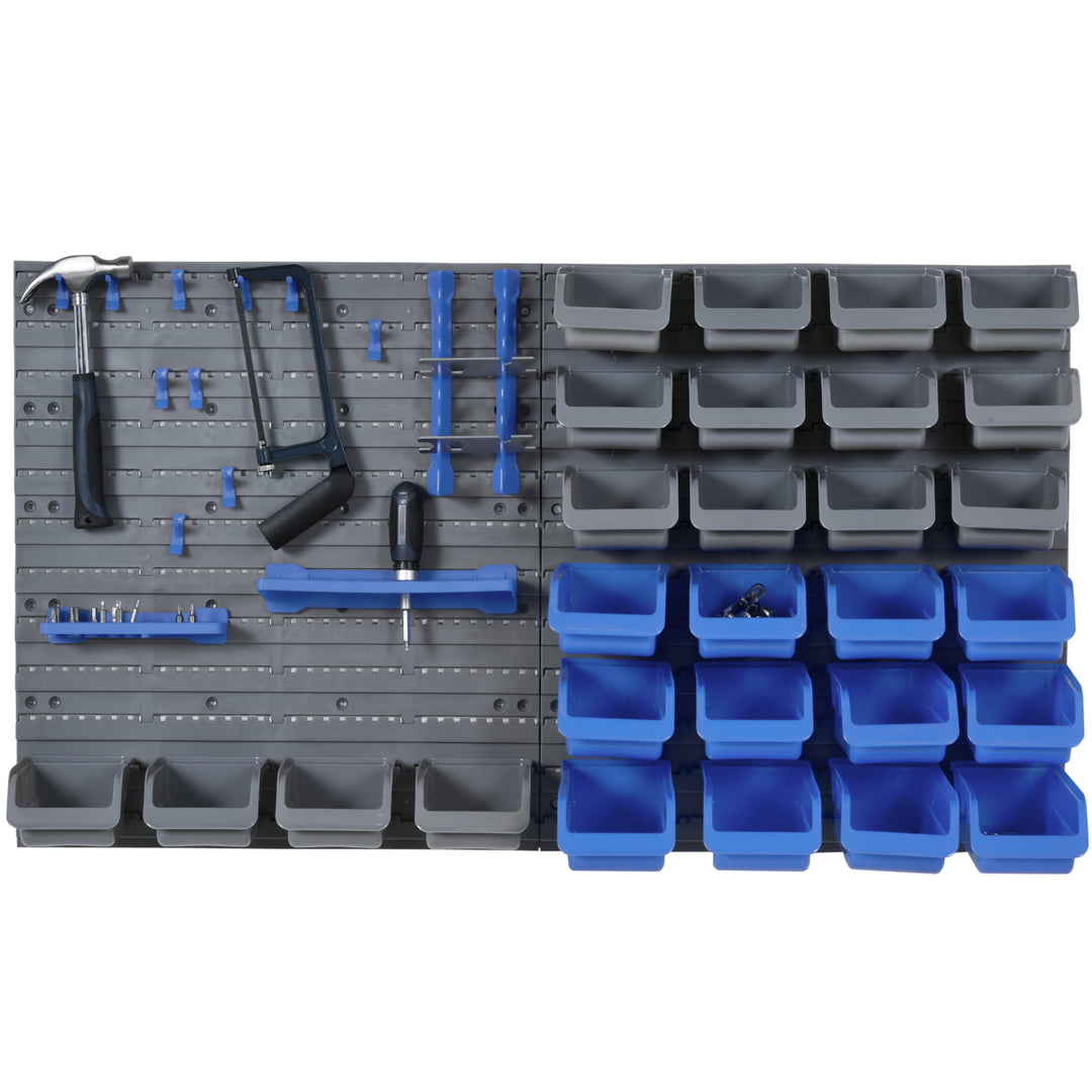 44 Piece Wall Mounted Tool Rack Organiser Storage Bins and Panel Set with Shelf Hook Screws Accessories Blue