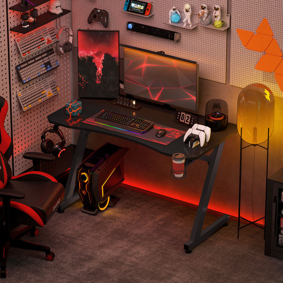 Gaming Desk 120 x 65 cm Steel Frame with Cup Holder, Headphone Hook, Adjustable Feet and Cable Organiser, Home Office Computer Table, Black
