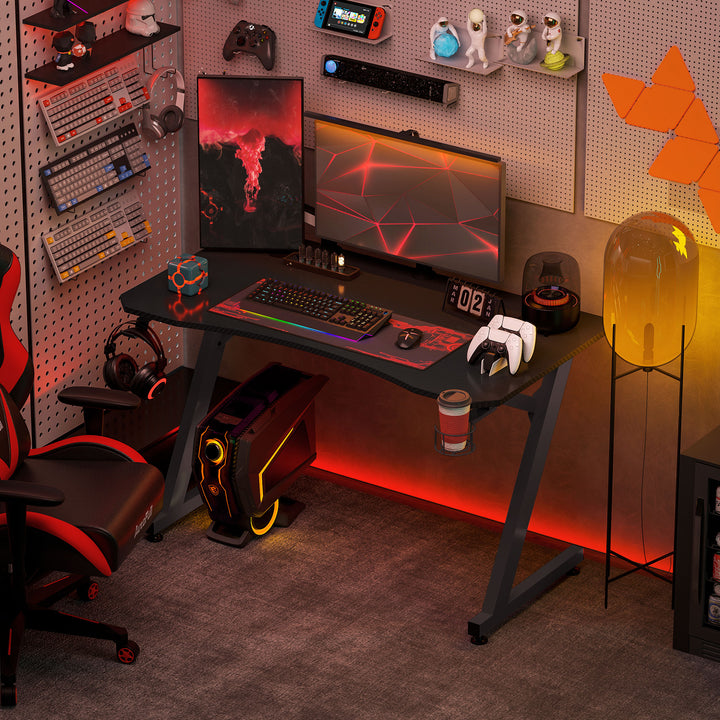 Gaming Desk 120 x 65 cm Steel Frame with Cup Holder, Headphone Hook, Adjustable Feet and Cable Organiser, Home Office Computer Table, Black