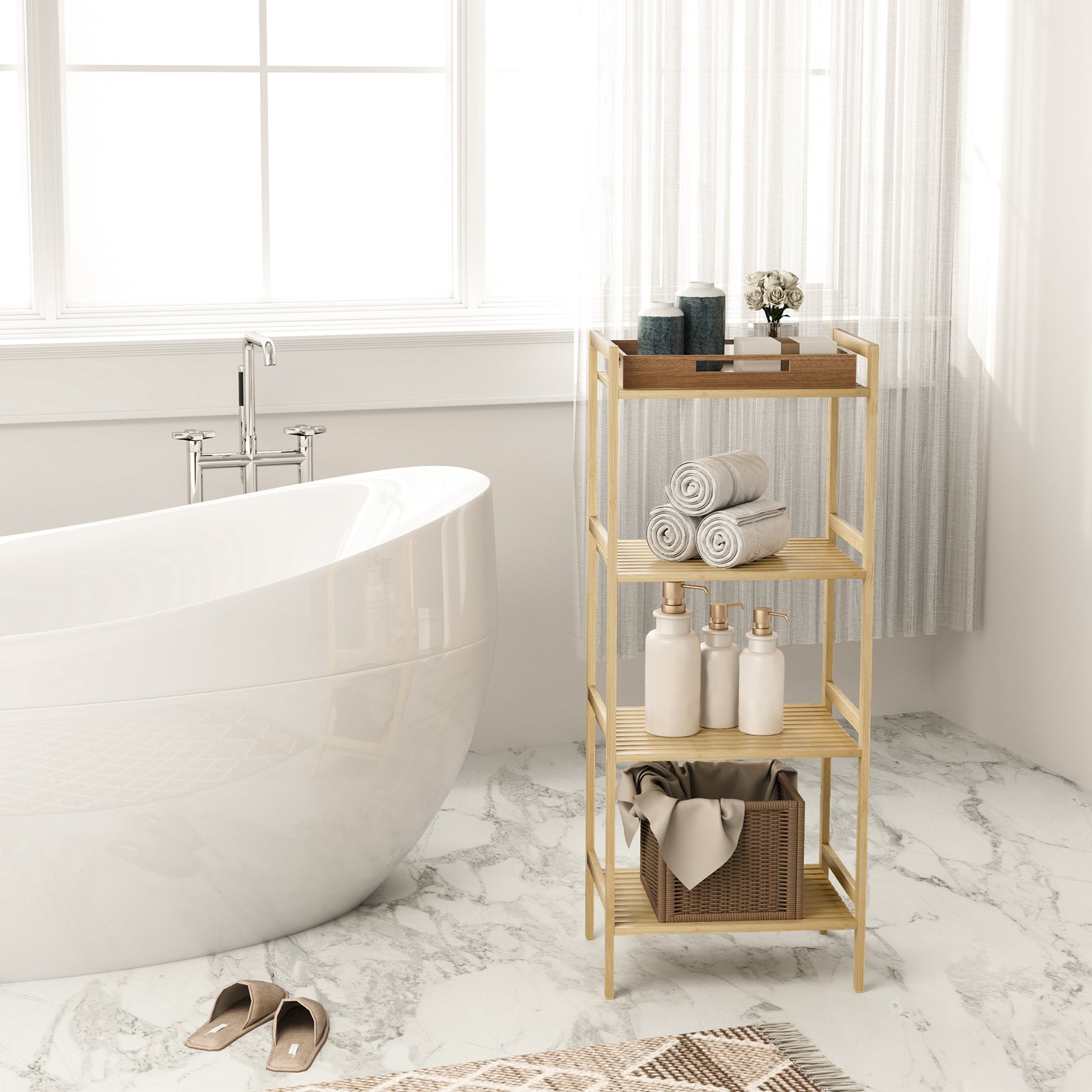 Four-Tier Bamboo Adjustable Shelf Storage Unit