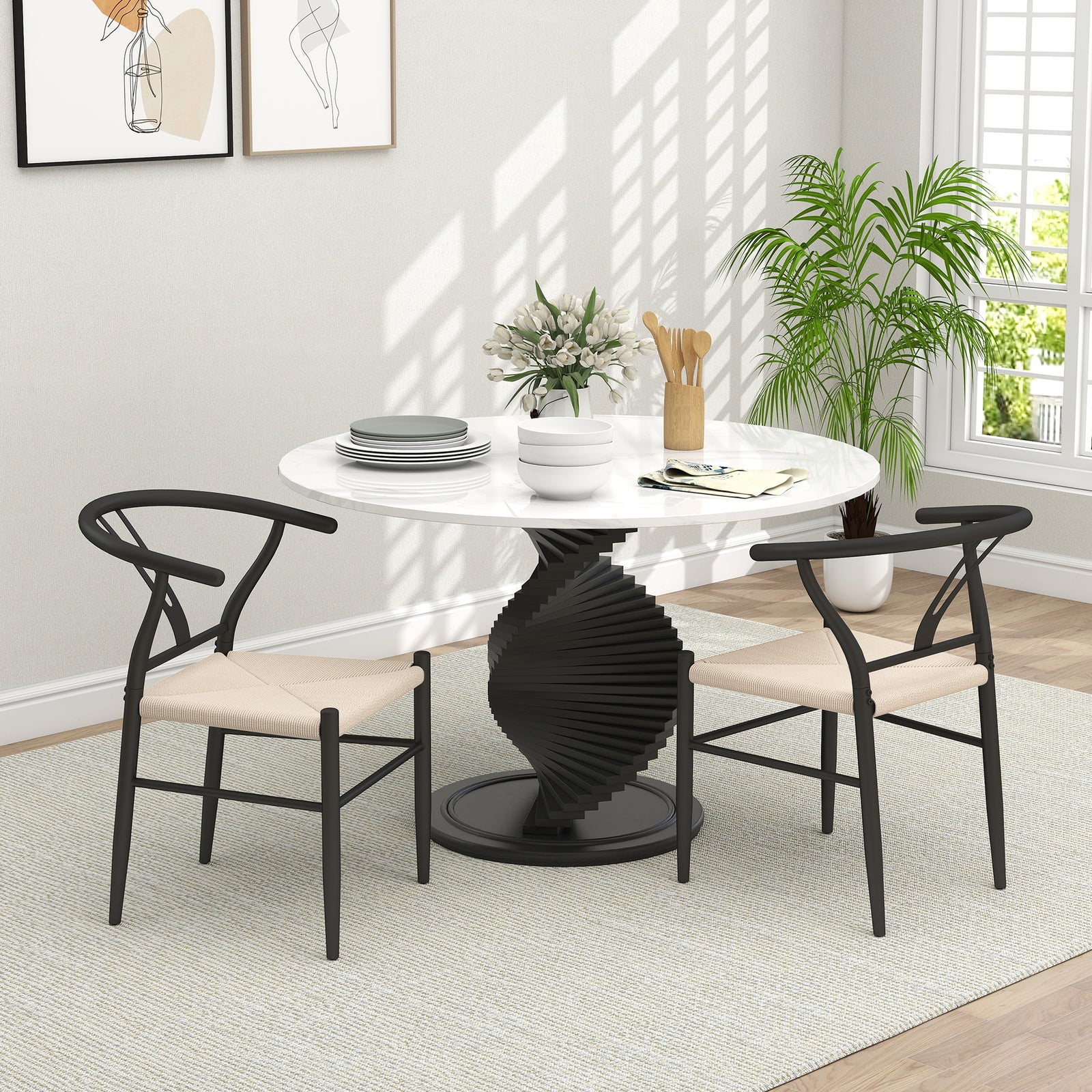 Set of Two Weave Dining Chairs with Y-Shaped Backrest Hemp Seat - Black/Beige
