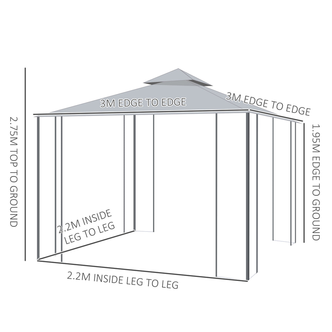 3(M)x3(M) Garden Gazebo Double Top Outdoor Canopy Patio Event Party Wedding Tent Backyard Sun Shade with Netting - Grey