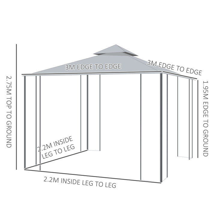 3(M)x3(M) Garden Gazebo Double Top Outdoor Canopy Patio Event Party Wedding Tent Backyard Sun Shade with Netting - Grey
