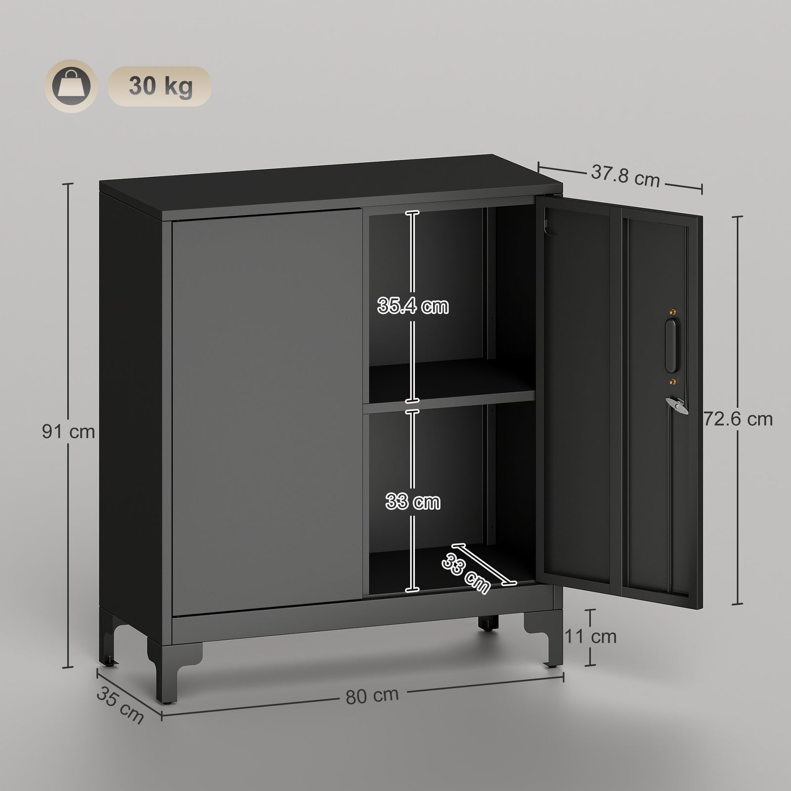 Lockable Metal Filing Cabinet, 2-Tier Storage Cupboard with Double Doo