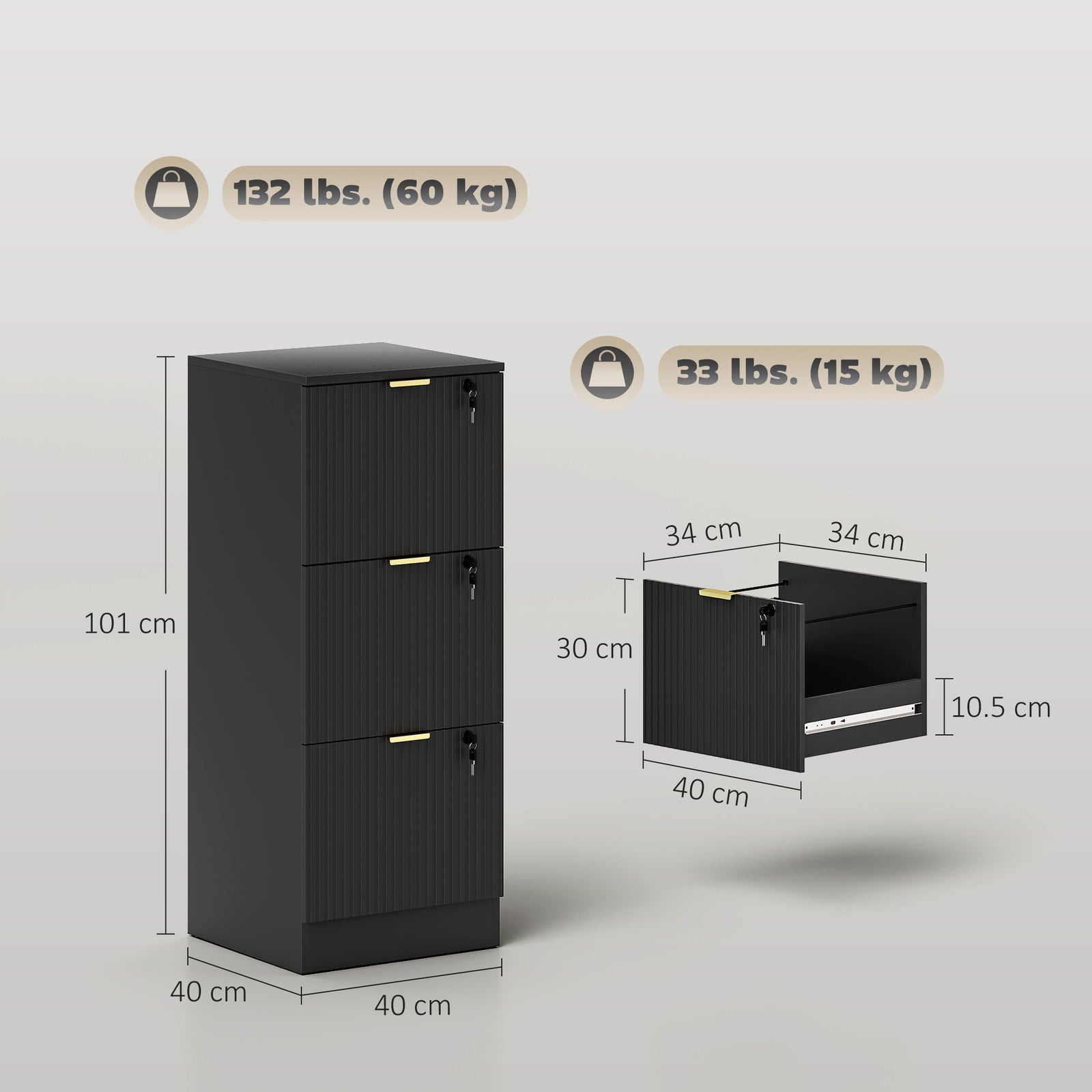 Filing Cabinet, Fluted Vertical File Cabinet with 3 Lockable Drawers a
