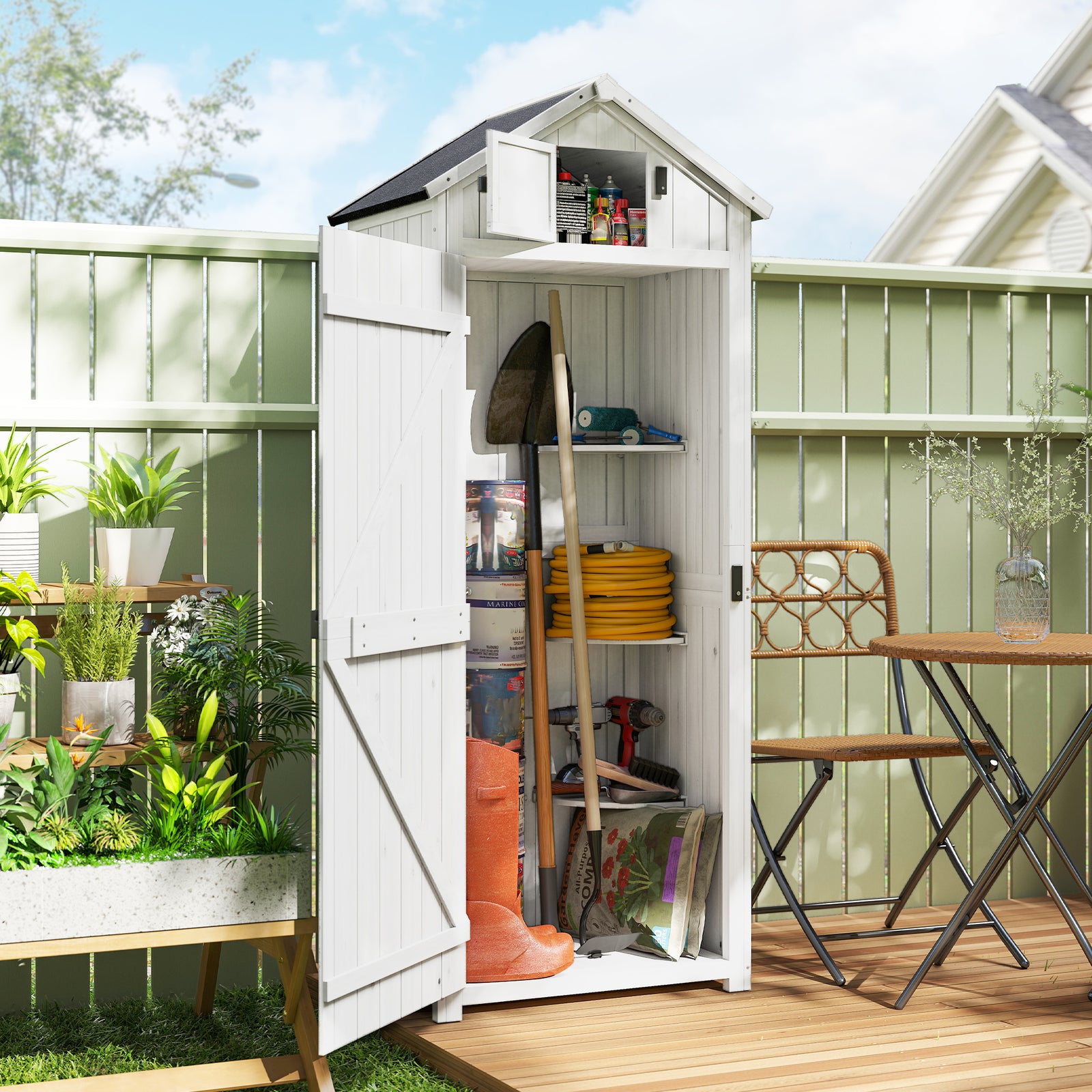 Small Shed, Tall Slim Wooden Garden Shed with 3 Removable Shelves and 