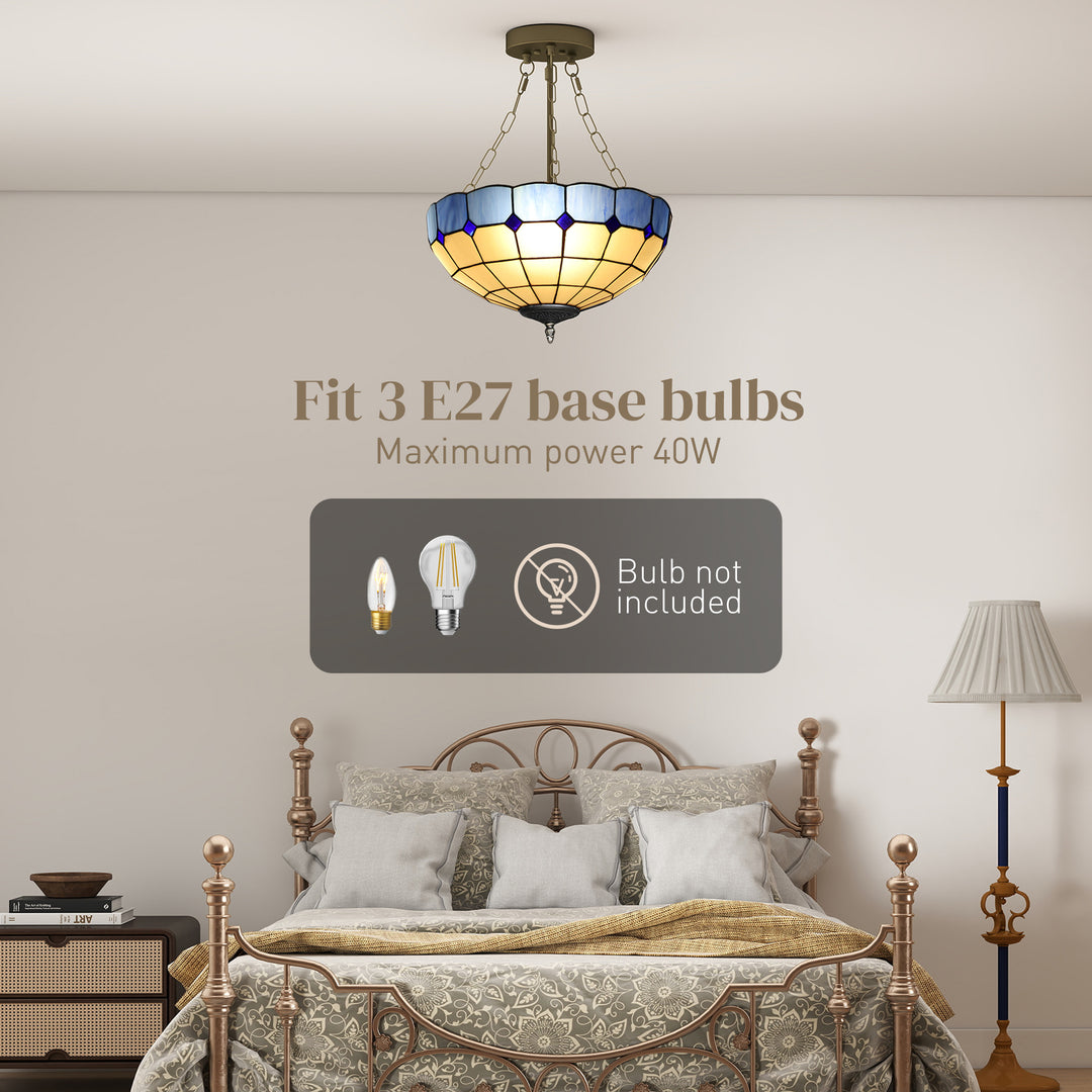 MCL Tiffany Style Ceiling Light, Vintage Chandelier with 3 E27 Sockets, Semi Flush Mount for Living Room, Bulbs Not Included