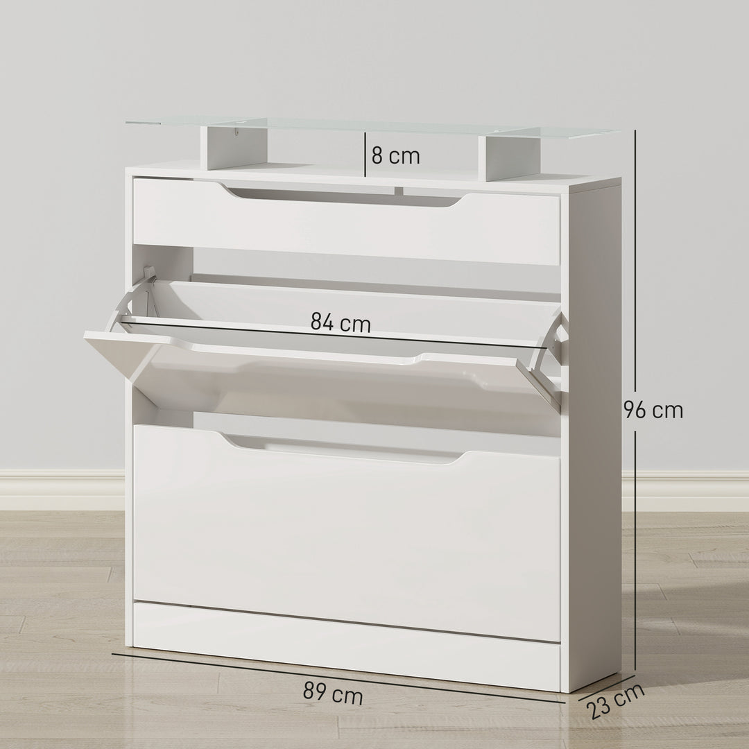 Shoe Storage Cabinet with Slide Out Drawer, 2 Flip Doors, Tempered Glass Top - White