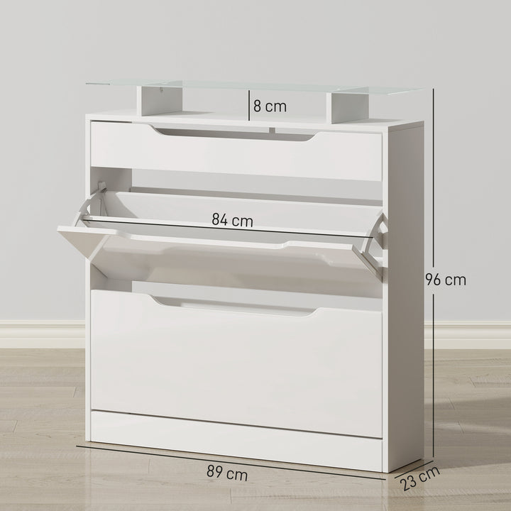 Shoe Storage Cabinet with Slide Out Drawer, 2 Flip Doors, Tempered Glass Top - White