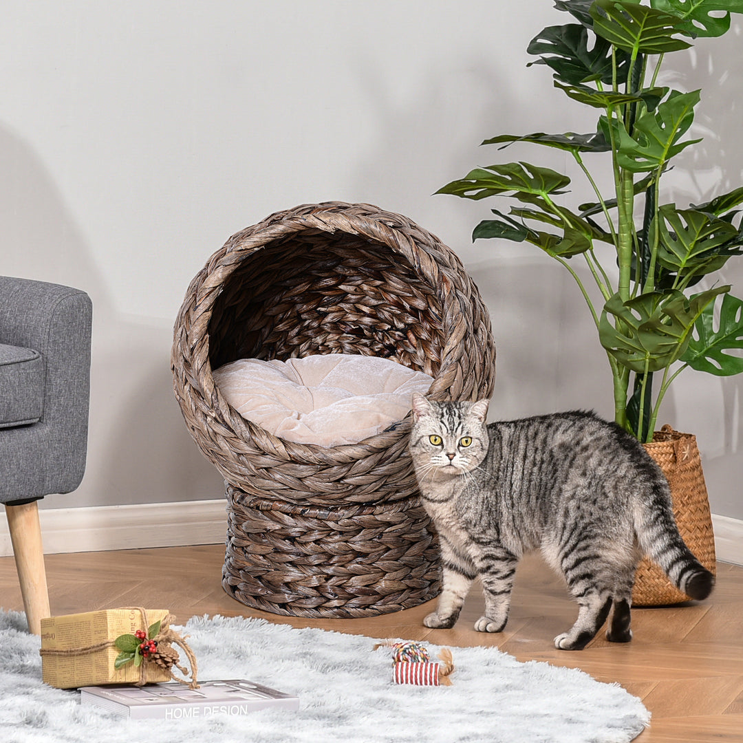 PawHut Wicker Cat Bed, Raised Rattan Cat Basket with Cylindrical Base, Soft Washable Cushion, 42 x 33 x 52cm - Brown | Aosom UK